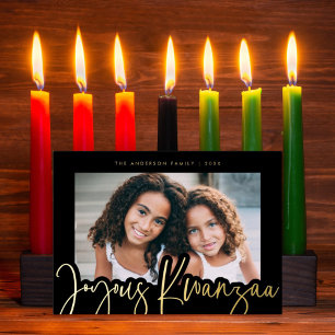 Modern Joyous Kwanzaa Mudcloth Pattern Photo Gold Foil Holiday Card