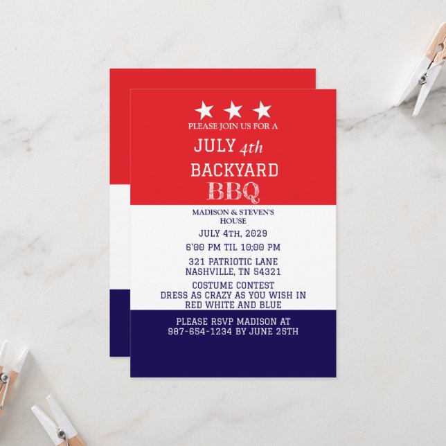 Modern July 4th Backyard BBQ Party Red White Blue Invitation (Front/Back In Situ)