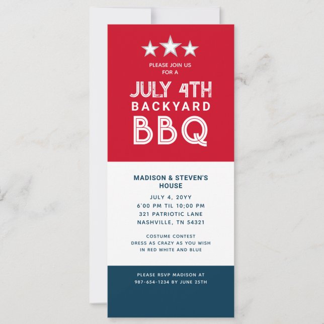 Modern July 4th Backyard BBQ Party Red White Blue Invitation (Front)