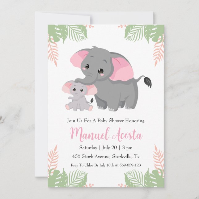 modern jungle elephant baby shower invitations (Front)