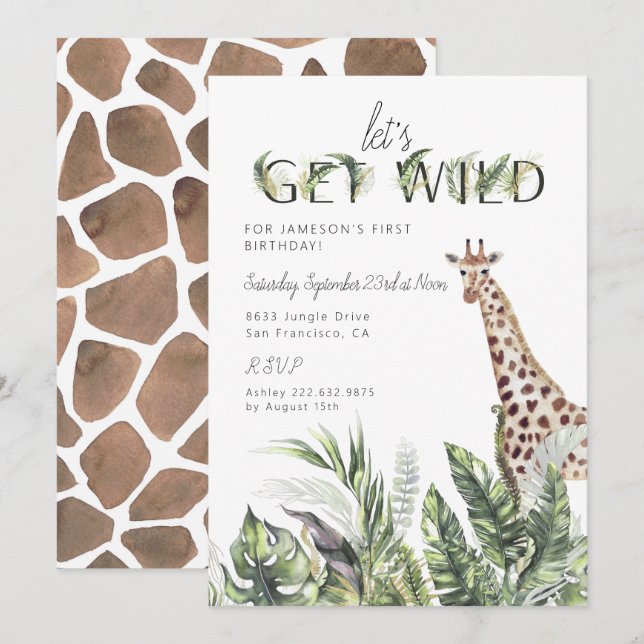 Modern Jungle Greenery | Giraffe Birthday Invitation (Front/Back)
