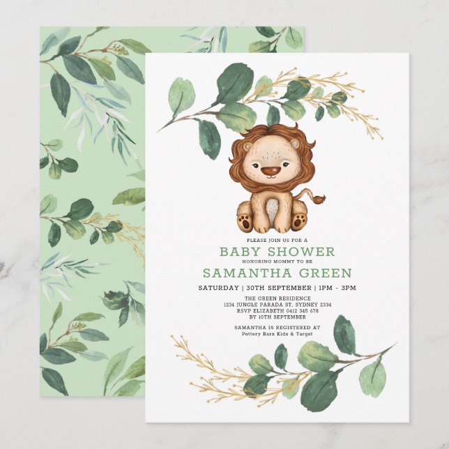 Modern Jungle Lion Greenery Gold Co-Ed Baby Shower Invitation (Front/Back)