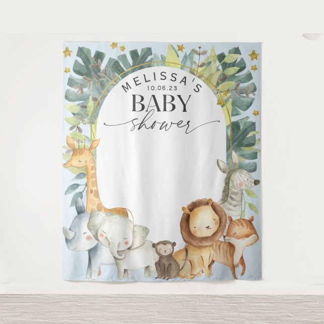 Modern jungle safari baby boy shower backdrop tapestry (Front)