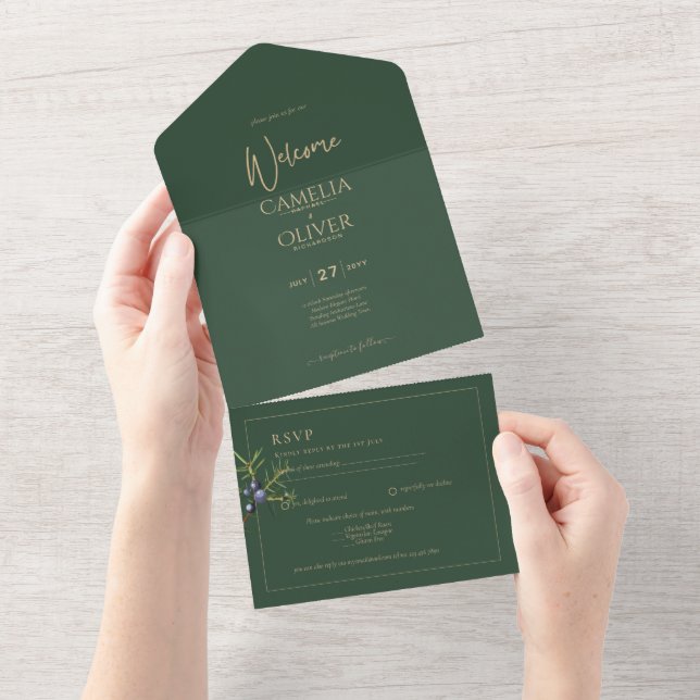 Modern JUNIPER Green GOLD Wedding Invite (Tearaway)