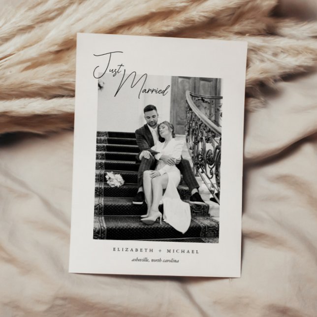 Modern Just Married Black White Elopement Wedding Announcement (Creator Uploaded)