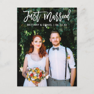 Modern Just Married Brush Script Photo Wedding Postcard
