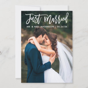 Modern Just Married Brush Script Wedding Photo Announcement