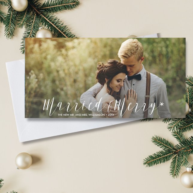 Modern Just Married Merry Newlywed Holiday Photo (Creator Uploaded)