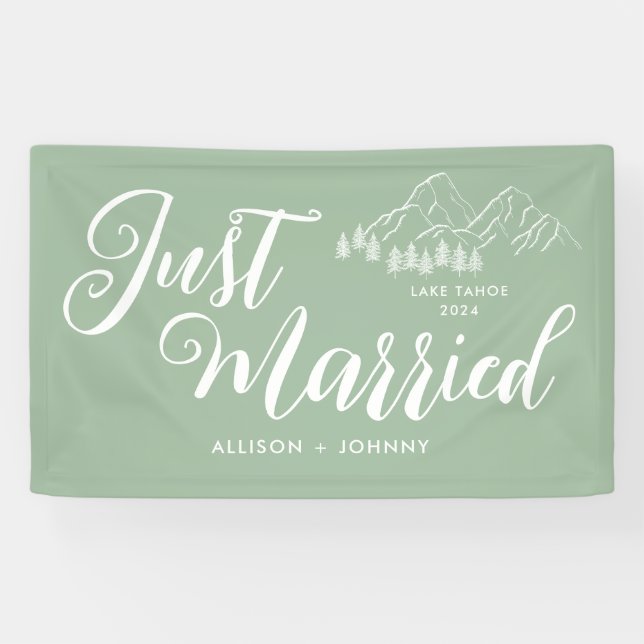 Modern Just Married Wedding Reception Green car Banner (Horizontal)