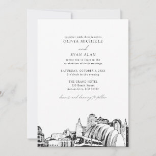 Modern Kansas City Skyline Black & White Wedding Invitation