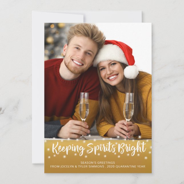 Modern KEEPING SPIRITS BRIGHT Fairy Lights Gold Holiday Card (Front)