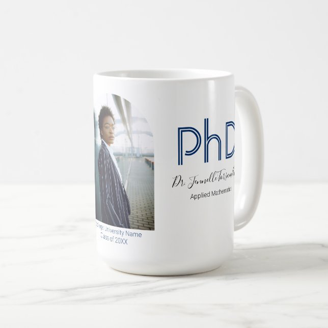 Modern Keepsake Blue Photo PhD Graduation Coffee Mug (Front Right)