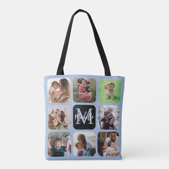 Modern Keepsake Photo Collage Monogram Tote Bag (Back)