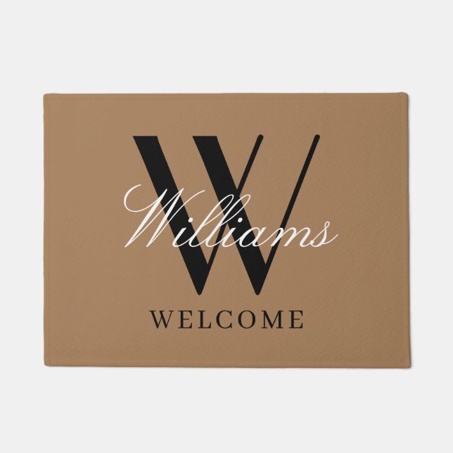 Modern Khaki Monogram Newlyweds Name Wedding Doorm Doormat (Front)
