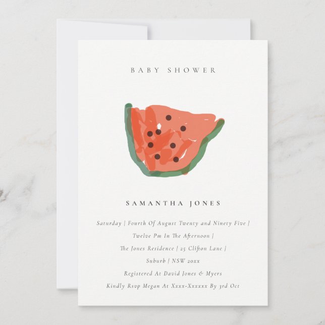 Modern Kid Hand Drawn Watermelon Fruit Baby Shower Invitation (Front)