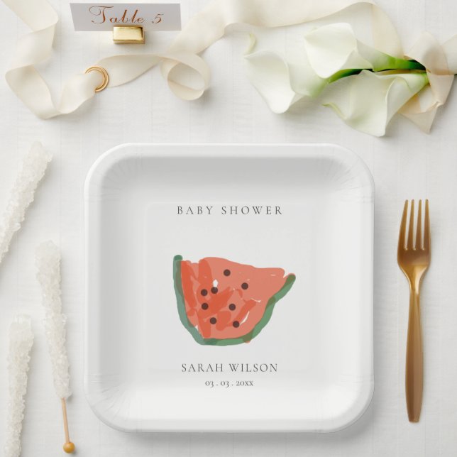 Modern Kid Hand Drawn Watermelon Fruit Baby Shower Paper Plate (Wedding)