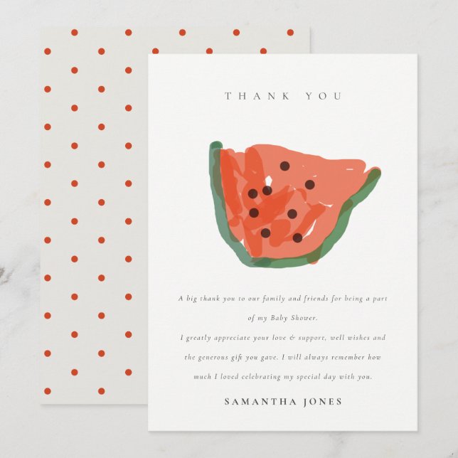 Modern Kid Hand Drawn Watermelon Fruit Baby Shower Thank You Card (Front/Back)
