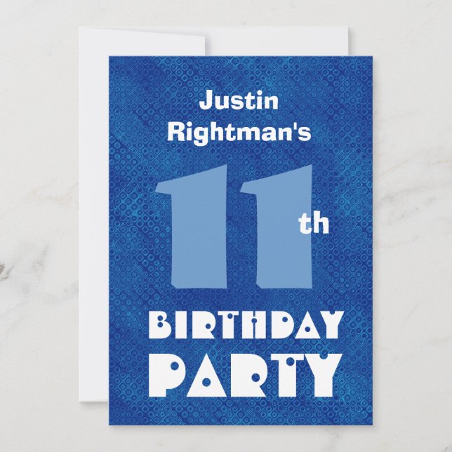 Modern Kid's 11th Birthday Custom Name Blue W701 Invitation (Front)