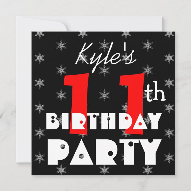 Modern Kid's 11th Birthday Red Black and White Invitation (Front)