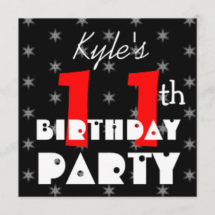 Modern Kid's 11th Birthday Red Black and White Invitation