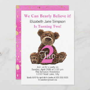 Modern Kid's 2nd Birthday Bear Cute Pink Second Invitation