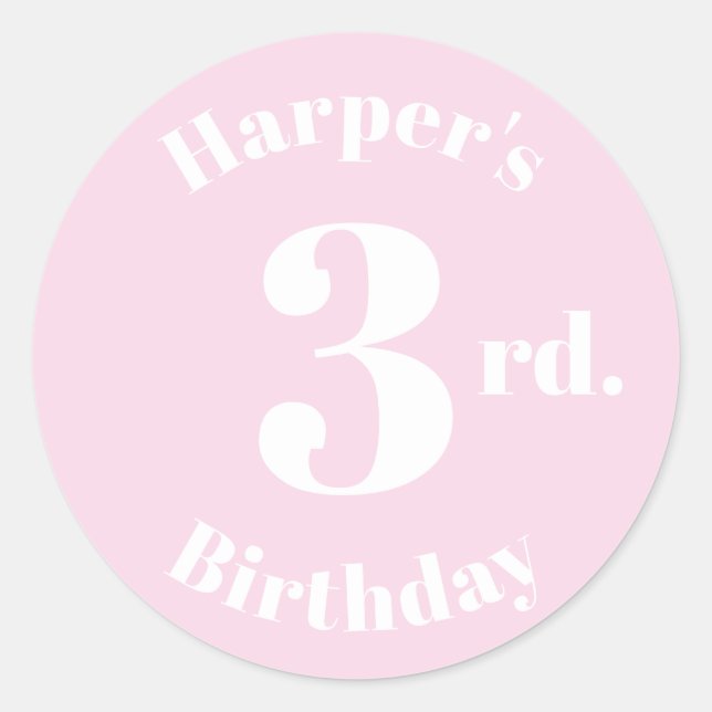 Modern Kids Birthday Custom name number light pink Classic Round Sticker (Front)