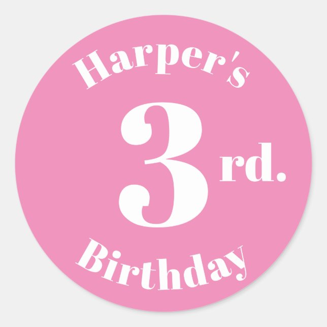 Modern Kids Birthday Custom name number pink white Classic Round Sticker (Front)