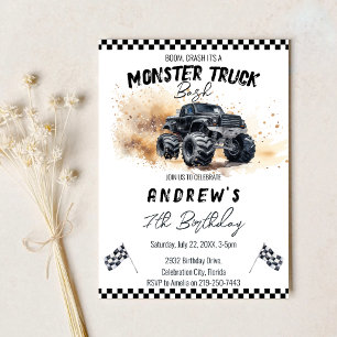 Modern Kids Black Monster Trucks Birthday Invitation