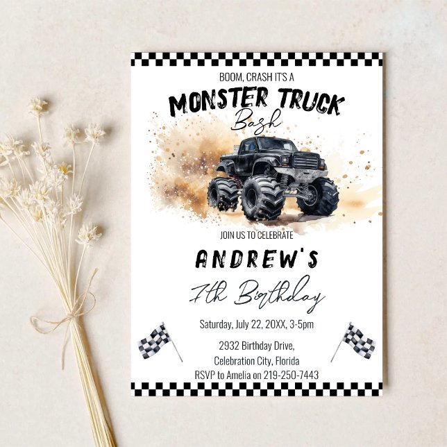 Modern Kids Black Monster Trucks Birthday Invitation (Creator Uploaded)