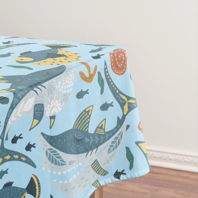 Modern Kids Children Birthday Shark Party Boys Tablecloth (In Situ)