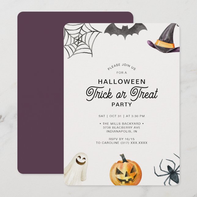 Modern Kids Halloween Trick or Treat Party Invitat Invitation (Front/Back)