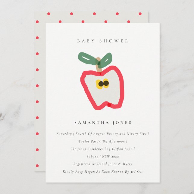 Modern Kids Hand Drawn Apple Fruit Baby Shower  Invitation (Front/Back)