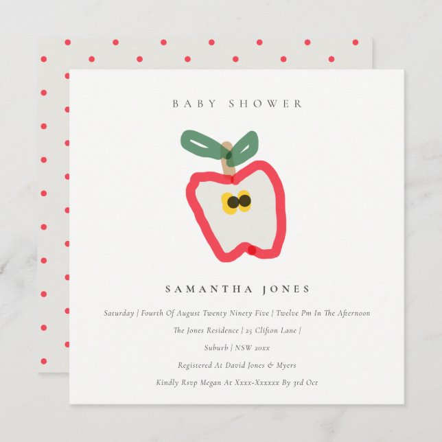 Modern Kids Hand Drawn Apple Fruit Baby Shower Invitation (Front/Back)