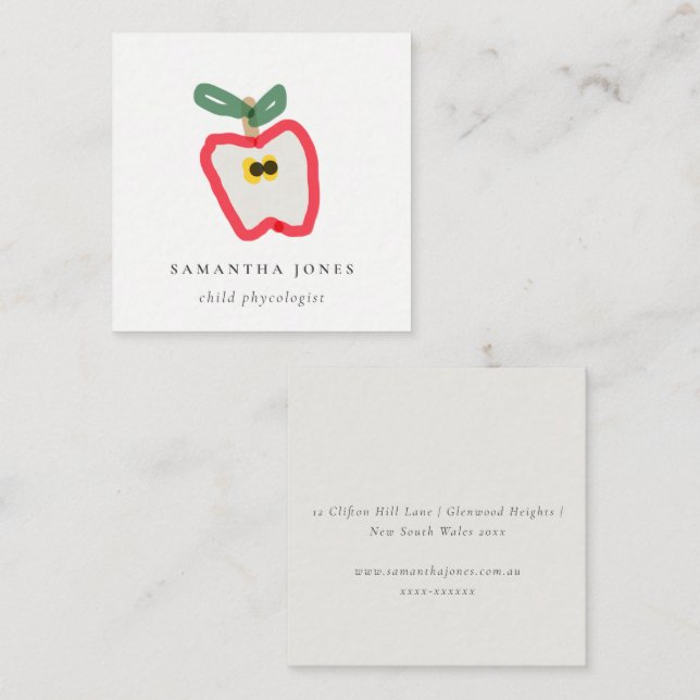 Modern Kids Hand Drawn Apple Fruit Red Green Square Business Card (Front/Back)