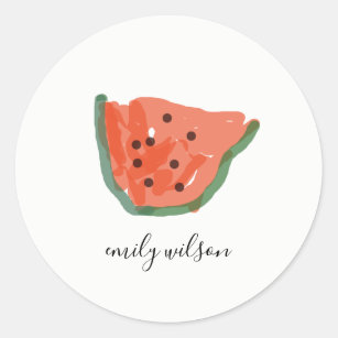 Modern Kids Hand Drawn Red Green Watermelon Fruit Classic Round Sticker
