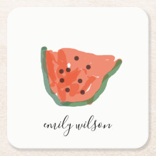 Modern Kids Hand Drawn Red Green Watermelon Fruit Square Paper Coaster