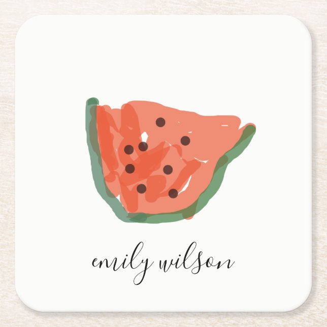 Modern Kids Hand Drawn Red Green Watermelon Fruit Square Paper Coaster (Front)
