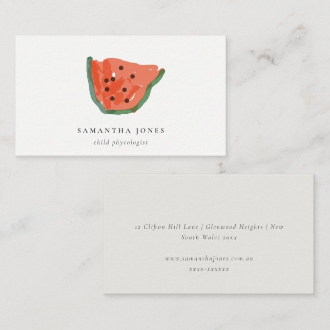 Modern Kids Hand Drawn Watermelon Fruit Red Green Business Card (Front/Back)