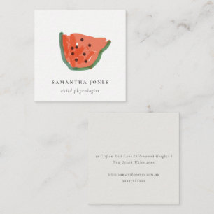Modern Kids Hand Drawn Watermelon Fruit Red Green Square Business Card