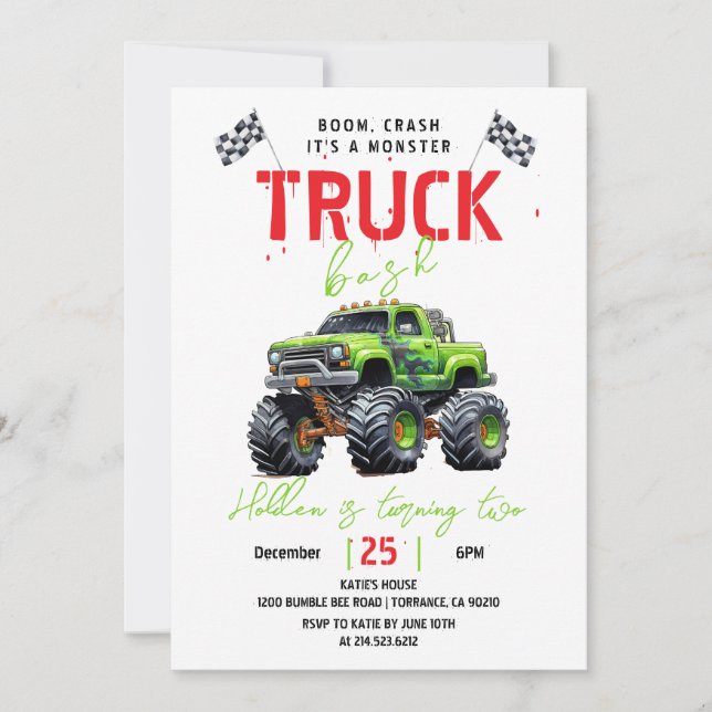 Modern Kids Monster Truck Birthday Party Invitation (Front)