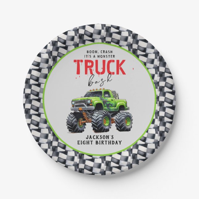  Modern Kids Monster Truck Birthday Party Paper Plate (Front)