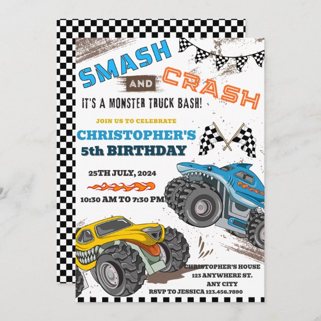 Modern Kids Monster Trucks Birthday  Invitation (Front/Back)