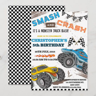 Modern Kids Monster Trucks Birthday  Invitation