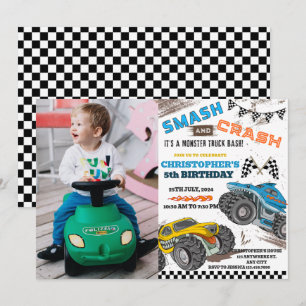 Modern Kids Monster Trucks Birthday  Invitation