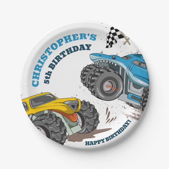 Modern Kids Monster Trucks Birthday  Paper Plate (Front)