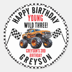 Modern Kids Monster Trucks Birthday Party Classic Round Sticker