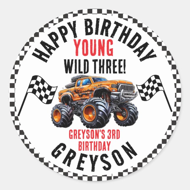 Modern Kids Monster Trucks Birthday Party Classic Round Sticker (Front)