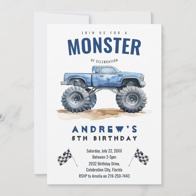 Modern Kids Monster Trucks Birthday Party Invitation (Front)