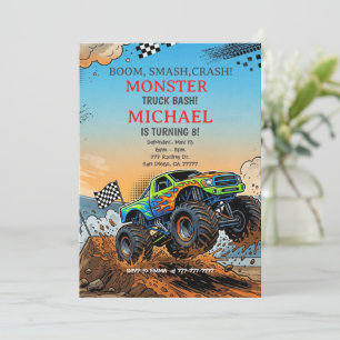 Modern Kids Monster Trucks Birthday Party Invitation
