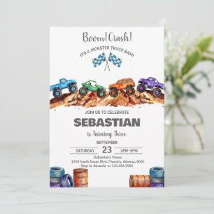Modern Kids Monster Trucks Birthday Party Invitation